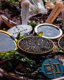 Oyster, caviar and Champagne celebration: Pan Caviar tins with fresh oysters on ice, delivered in Singapore
