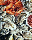 Weekend house party oyster platter for 6–8: shucked oysters and prawns on ice with mignonette, oyster delivery Singapore